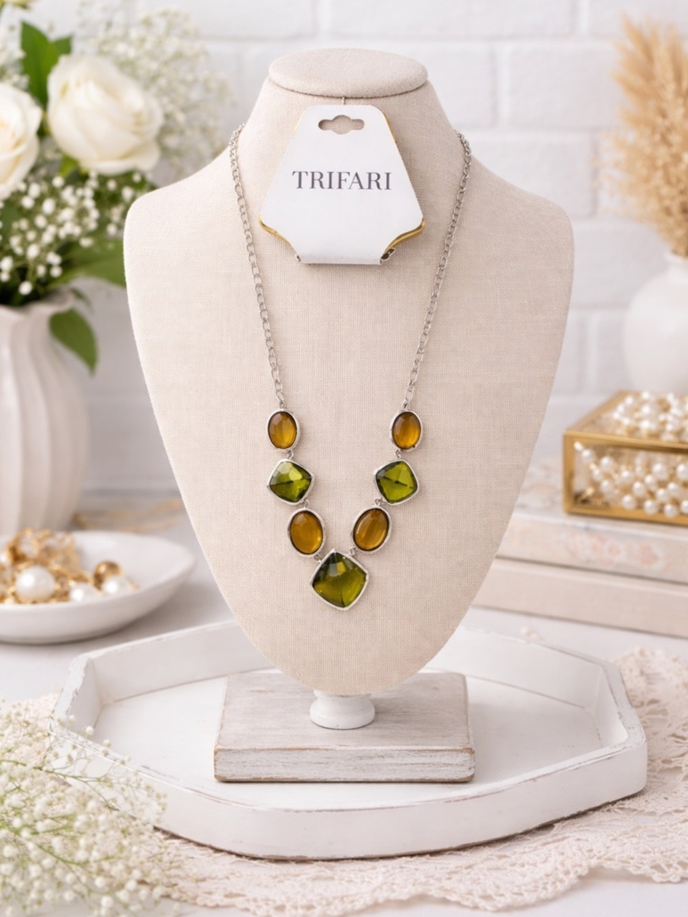 Vintage Trifari New Old Stock Geometric Olive Stones Statement Necklace